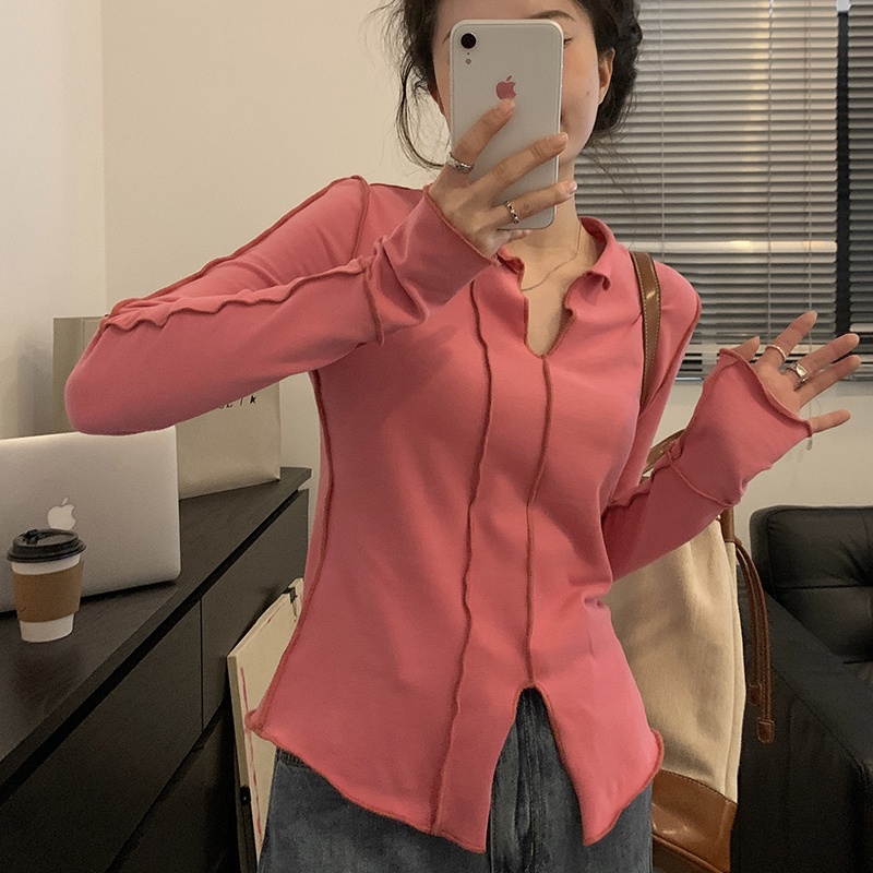 Áo thun nữ ZHELIHANGFEI tay dài cổ chữ v màu sắc đơn giản