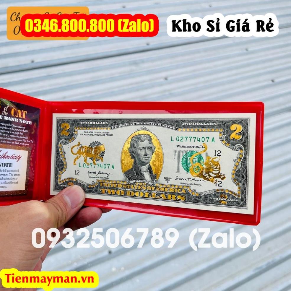 Tiền 2 Đô Con Mèo Vàng 3D lì xì Tết 2023 May Mắn, kèm bao da đỏ, sưu tầm lưu niệm, quà Tết, trang trí