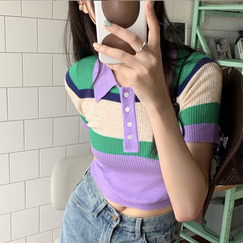 Áo Thun POLO Ngắn Tay Họa Tiết Kẻ Sọc Màu Tương Phản Thời Trang Hàn Quốc Cho Nữ