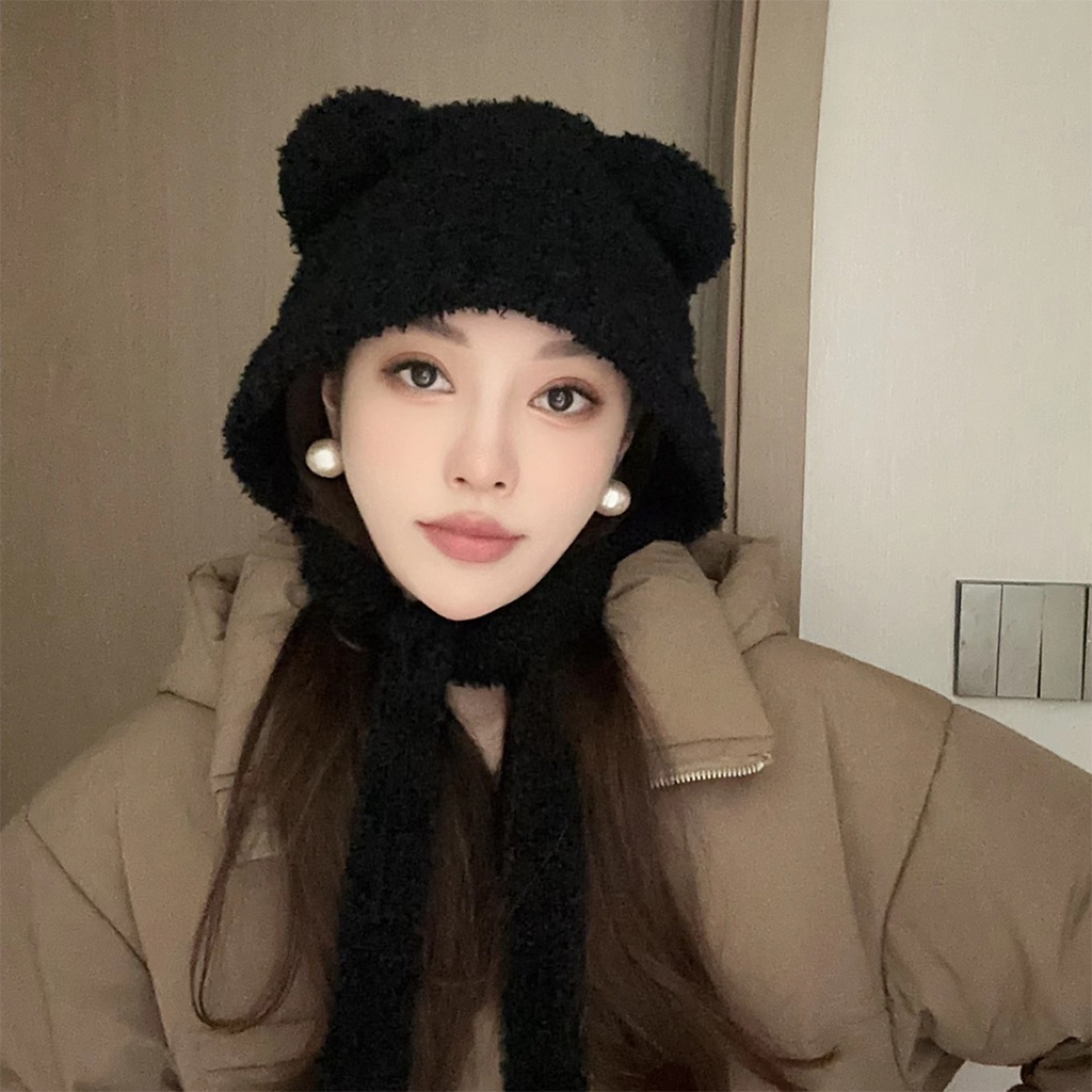 Mũ Len Dệt Kim Dày Dặn Đính Tai Gấu Dễ Thương Thời Trang Mùa Đông Cho Nữ