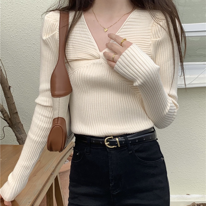 COZOK Áo Dệt Kim Tay Dài Cổ Chữ V Dáng Ôm Thời Trang Cho Nữ