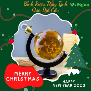 Bình rượu thủy tinh hình quả địa cầu chứa chiếc thuyền kèm hộp mạ vàng sang trọng cao cấp, bình cao cấp 2023, vivingon