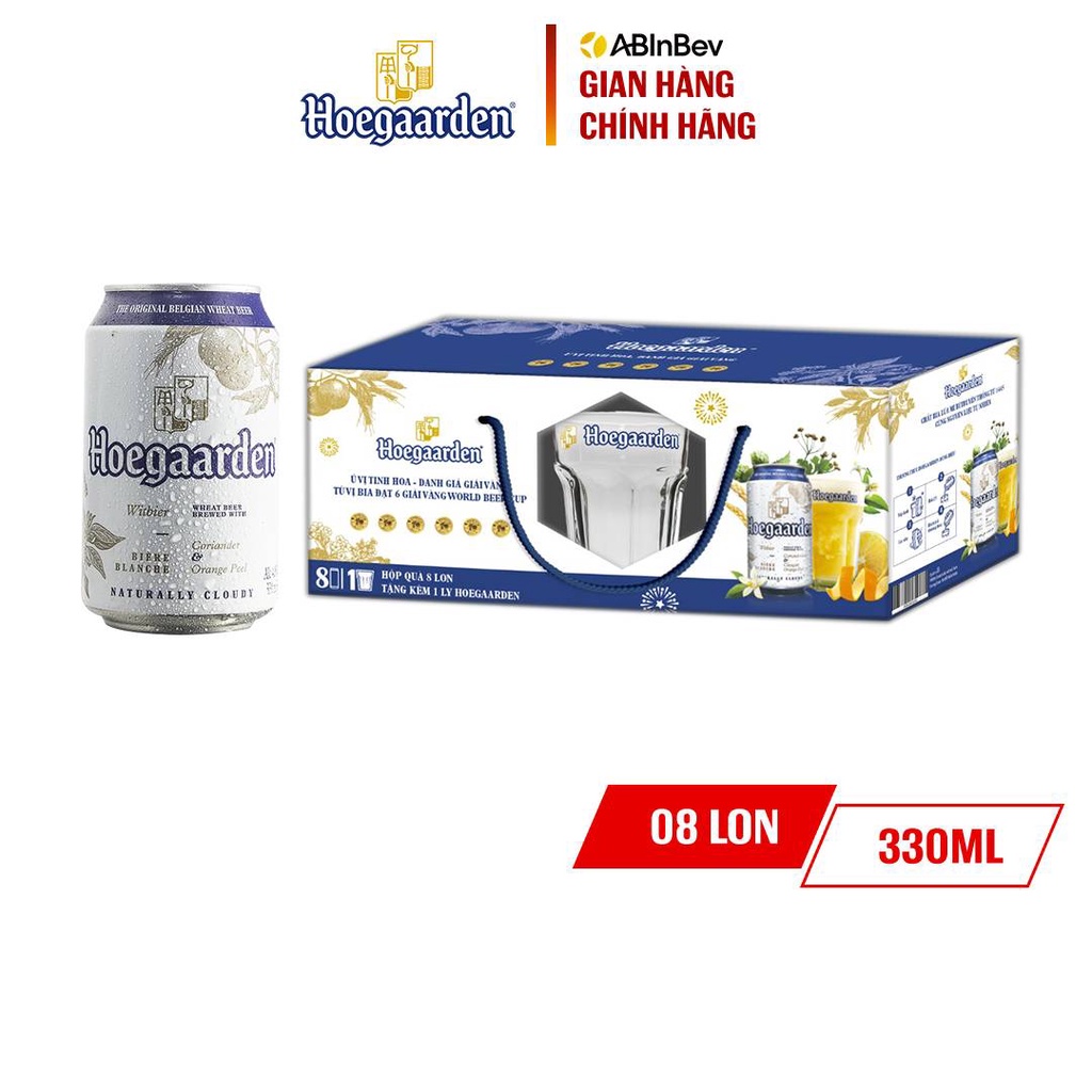 Bia Hoegaarden White Hộp 8 Lon 330ml Lon - Tặng 1 Ly Thủy Tinh Hoegaarden