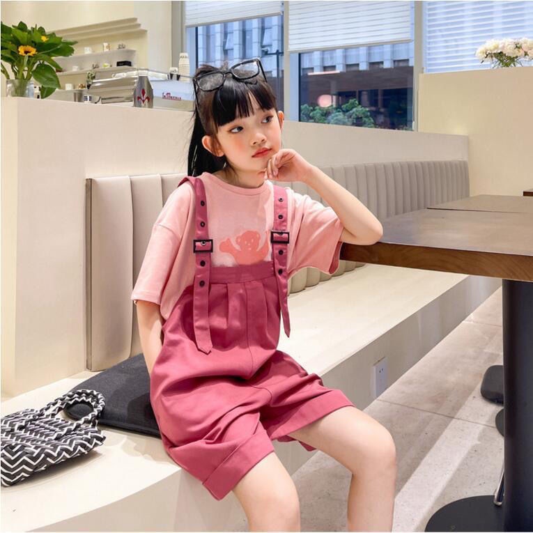 Set Áo Thun Ngắn Tay Hoạt Hình Và Quần Yếm Dáng Rộng Thời Trang Mùa Hè Cho Bé Gái 5-10 - 14 Tuổi