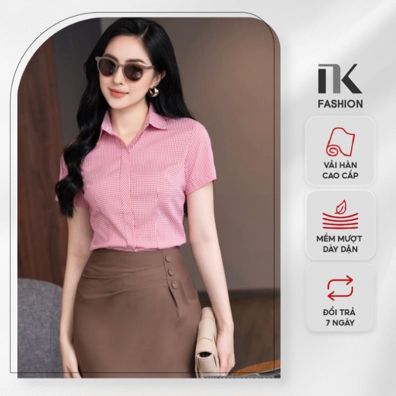 Áo Sơ Mi Nữ Công Sở Ngắn Tay Thiết Kế Caro Đẹp Vải Hàn Cao Cấp Không Nhăn Nhàu NK FASHION NKSM2012010B .
