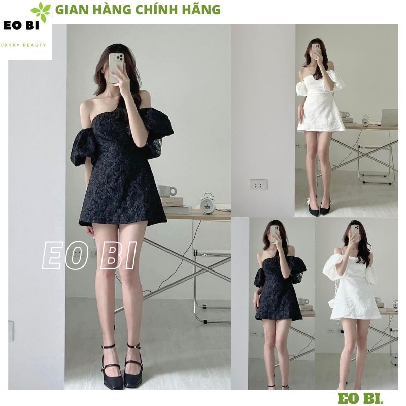 Đầm GẤM trễ vai tay bồng kèm mút ngực tiểu thư sang chảnh hoa nổi có khóa sau lưng - Váy chữ A 2 màu trắng đen - EOBI