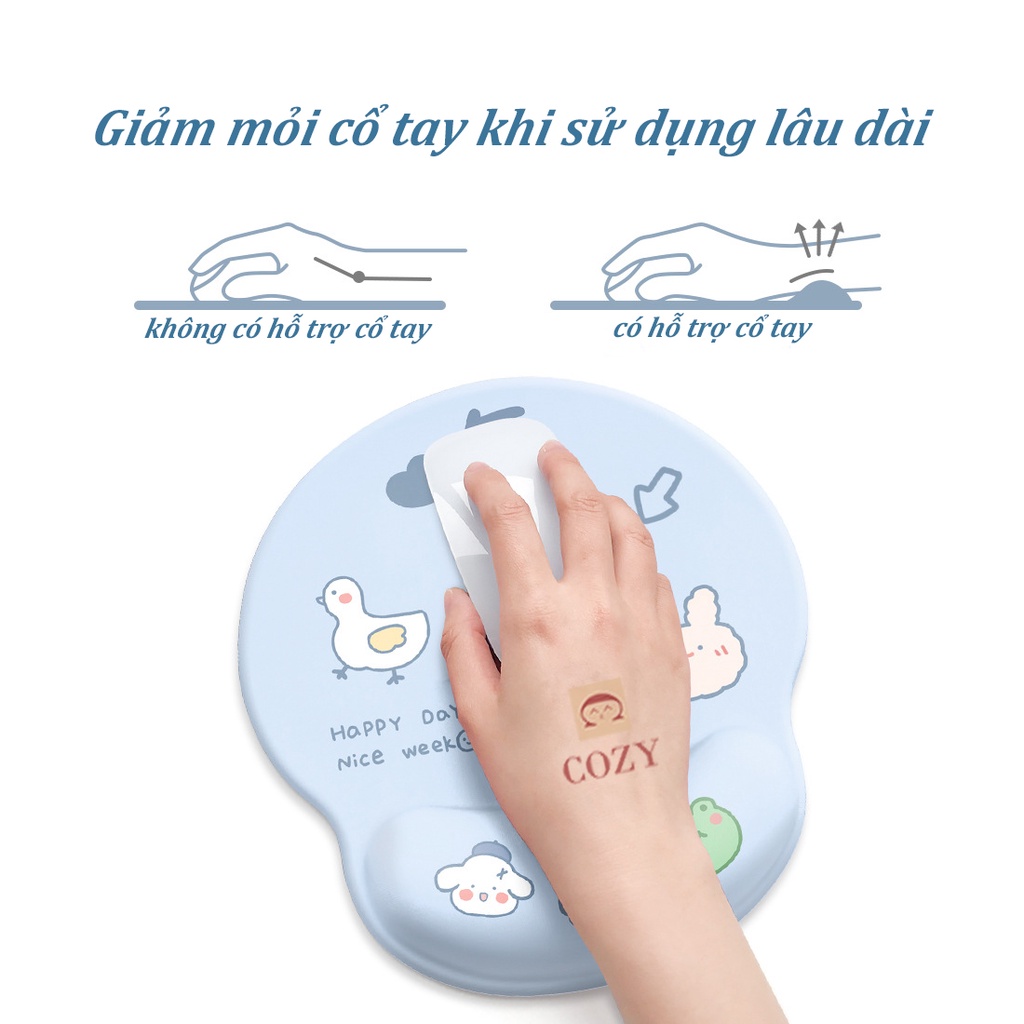 Lót chuột có đệm tay silicone cao cấp Cozy Style kích thước 25x22cm, Pad chuột kê tay họa tiết dễ thương
