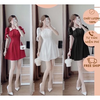 Đầm dạo phố dáng xòe cổ yếm tay bồng nhẹ phối nơ xinh xắn - Minhthushop81