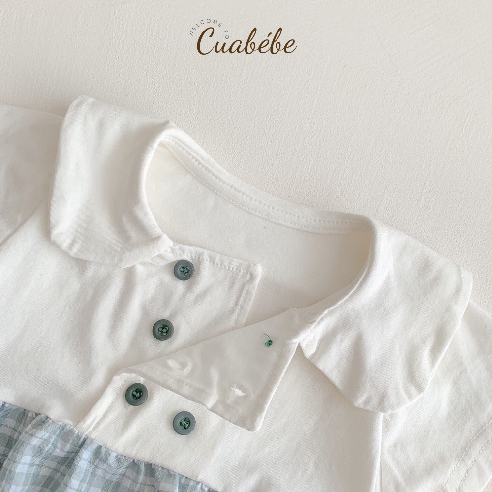 Bộ Body Chip ngắn tay cho bé đi dự tiệc, áo liền quần Ngắn Tay Cho Bé Trai thiết kế sơ mi trắng quần kẻ công tử Cuabebe