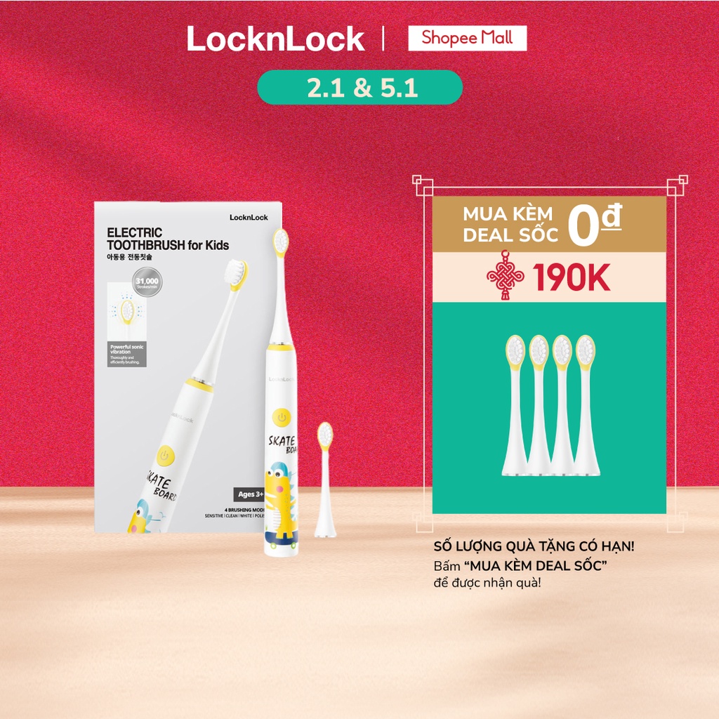 Bàn chải đánh răng điện LockLock cho bé từ 3 tuổi - chống nước - pin sử dụng lên tới 3 tuần ENR226WHT màu trắng