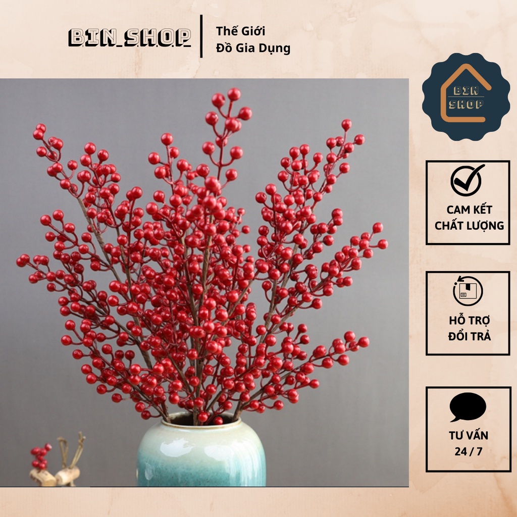 Cành đào đông đỏ trang trí lễ tết đón tài lộc, Cành Cherry cao cấp siêu đẹp - Bin Shop