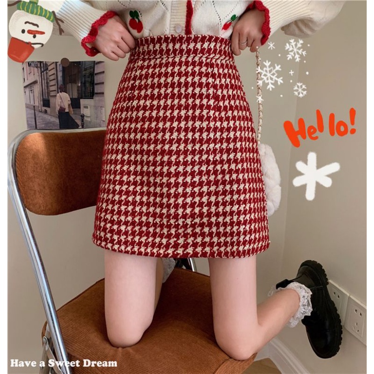 Chân váy dạ tweed chữ A kẻ đỏ