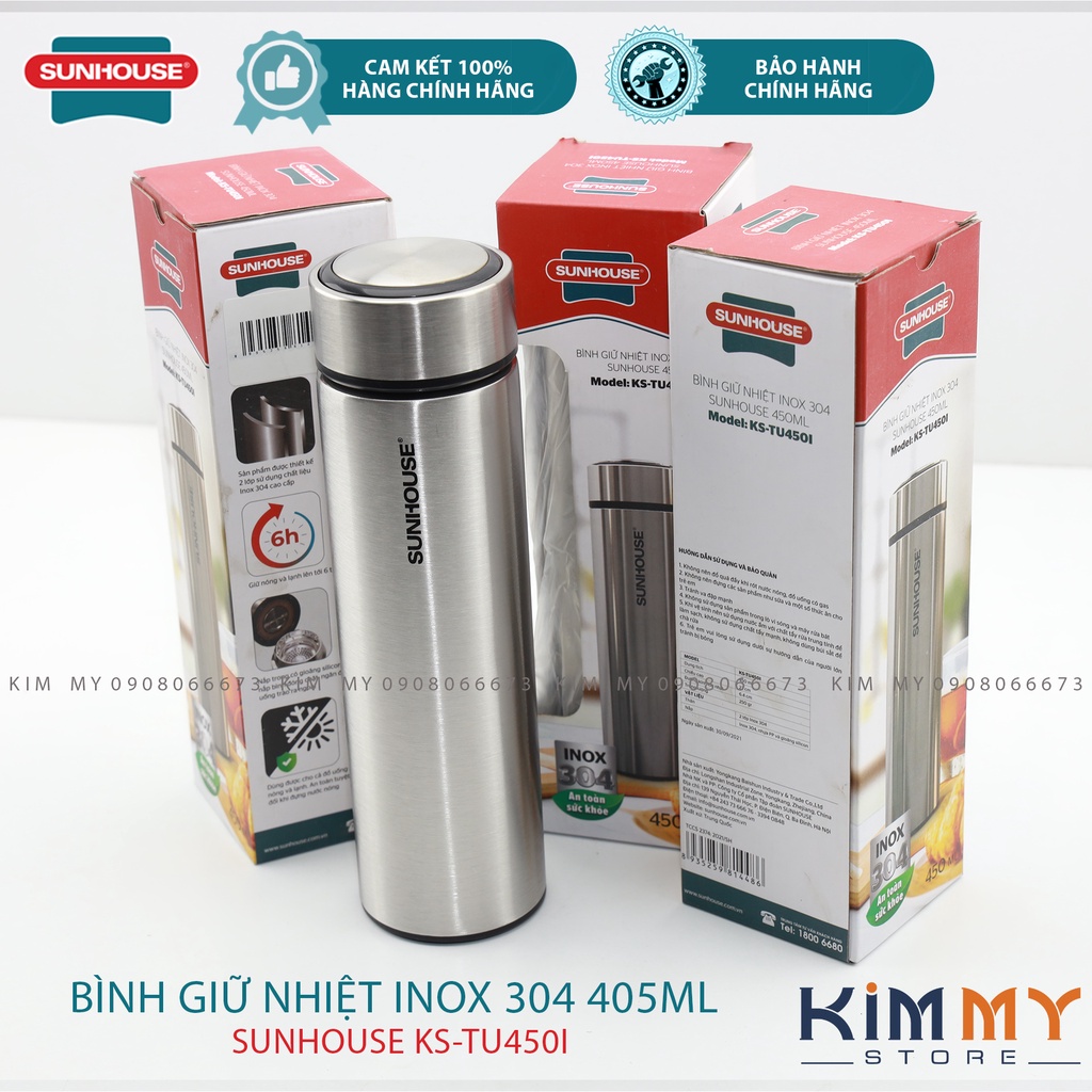 BÌNH GIỮ NHIỆT INOX 304 SUNHOUSE 450ML KS-TU450I- Hàng Chính Hãng