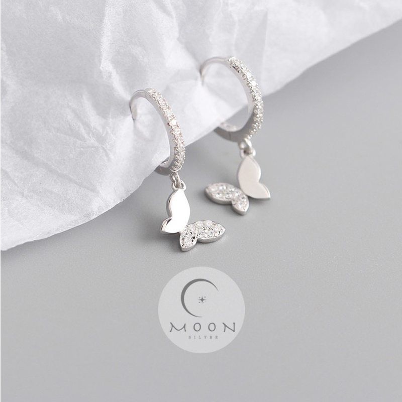 Khuyên tai bạc nữ 925 phong cách trẻ trung nữ tính , Bông tai bạc nữ tròn đính đá hình bướm Moon Silver