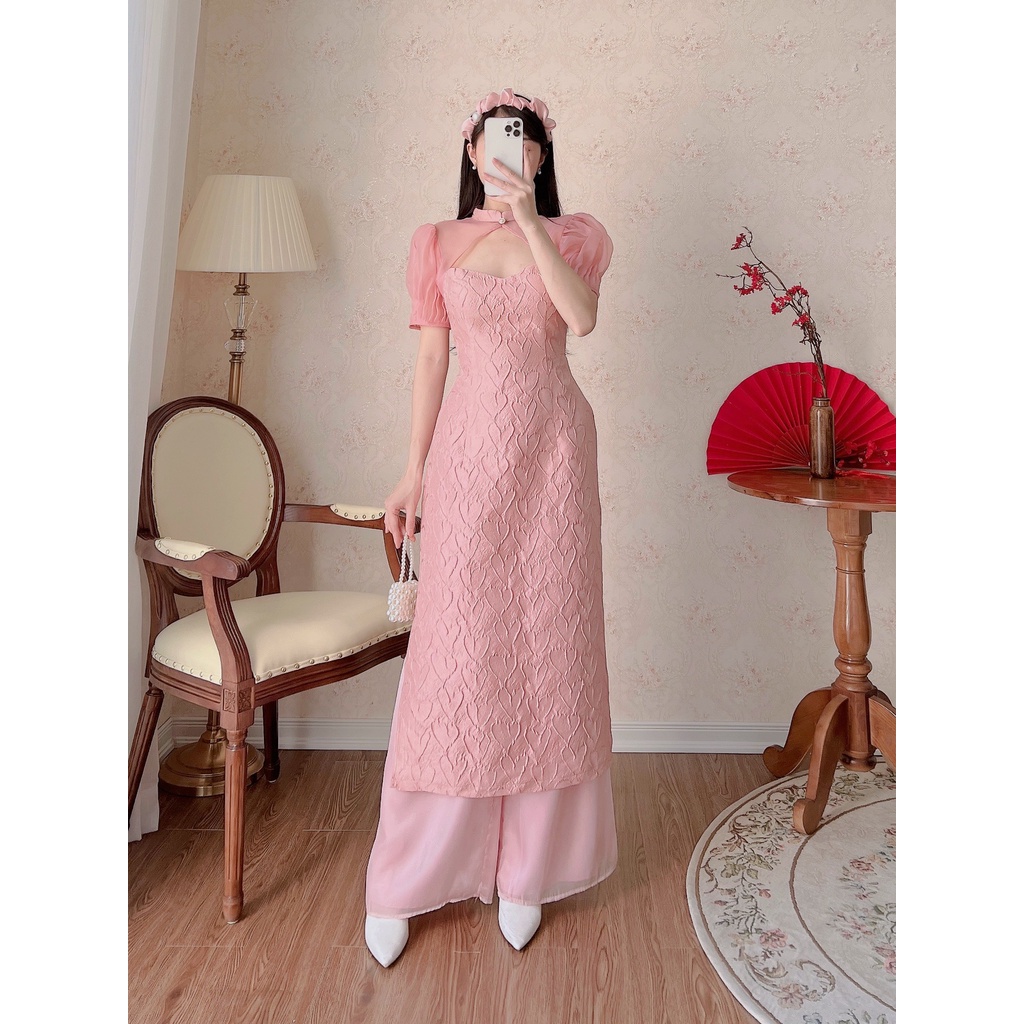 Áo dài chất tafta phối tơ YAD112 Anh Đào - Hồng YAME