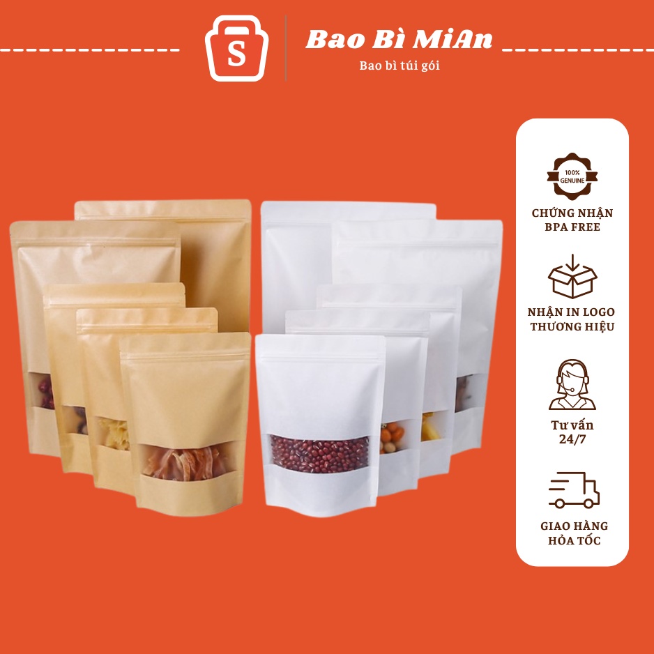 Túi zip giấy đáy đứng có cửa sổ, Túi zipper loại đẹp dày dặn chống thấm nước bảo quản đồ ăn cực tốt