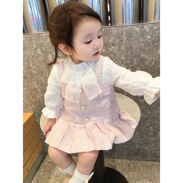 VÁY YẾM DẠ TWEED LIỀN ÁO VOAN TRẮNG ĐÍNH NƠ CHO BÉ- HÀNG QCCC