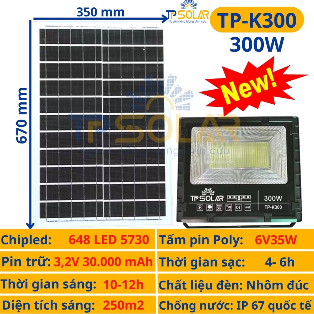 Đèn Pha Led Năng Lượng Mặt Trời TP Solar Công Suất 300W TP-K300 Độ Bền Chục Năm, Chống Nước IP67