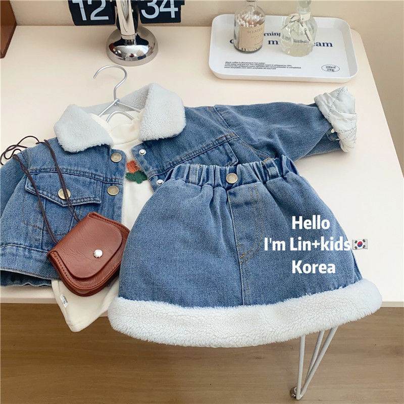 Set chân váy-áo khoác bò lót nỉ siêu ấm cho bé gái