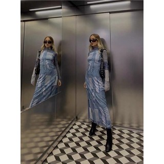 (ord) VÁY LƯỚI MIDI CỔ CAO ZR XUẤT HOẠ TIẾT DENIM