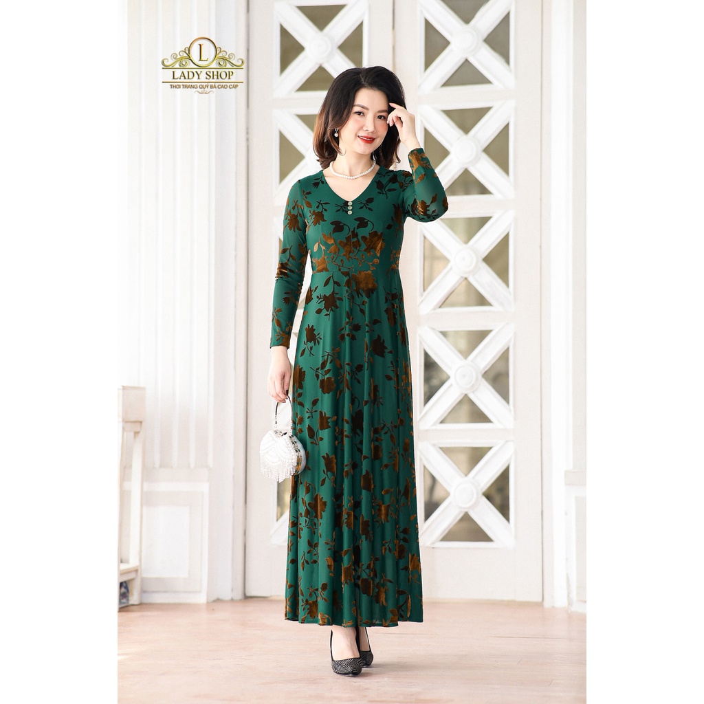 Đầm Maxi ren hoa nhung cổ tim Ladyshop thời trang trung niên cao cấp T51