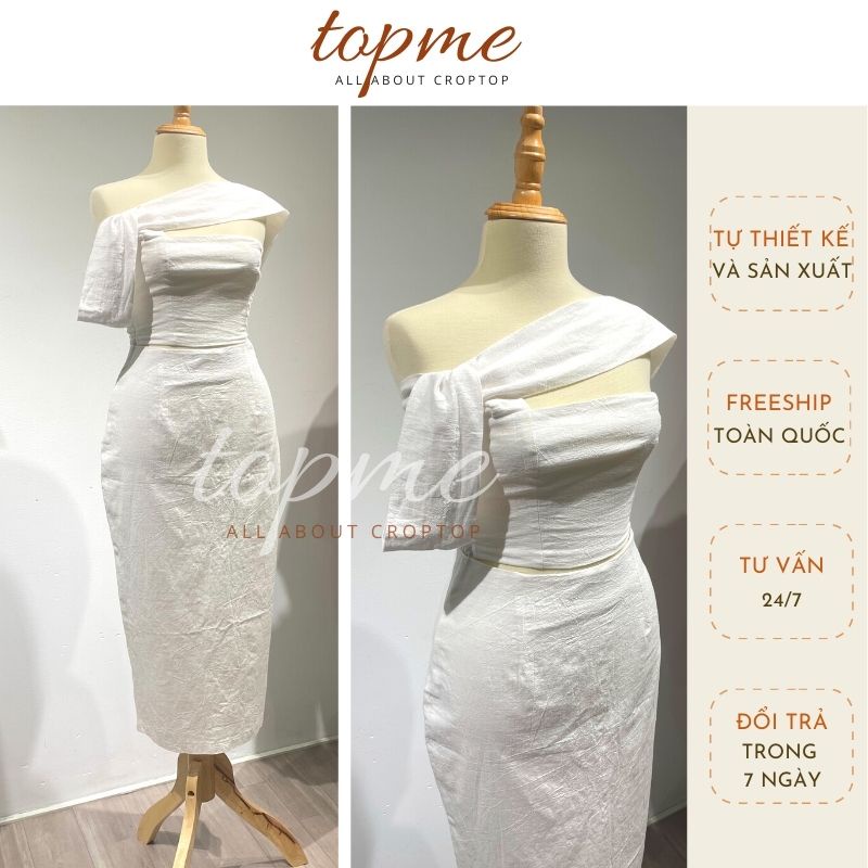 Set Linen Trễ Vai Chân Váy Bút Chì Dài Nữ Tính Thanh Lịch | TOPME