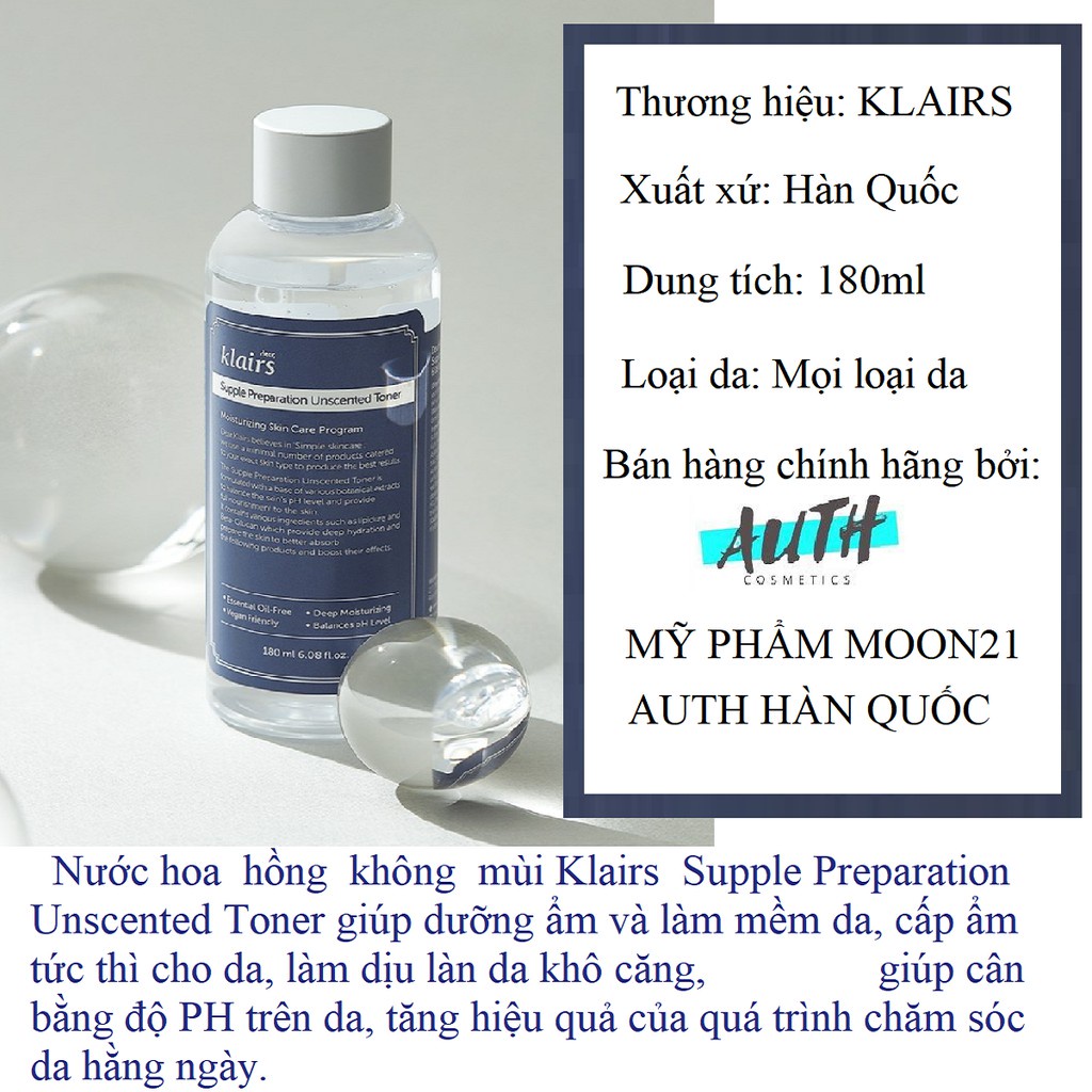 Auth-  Nước hoa hồng Klairs  không mùi Toner Klairs phục hồi da mụn cấp ẩm dưỡng da trắng sáng 180ml | BigBuy360 - bigbuy360.vn
