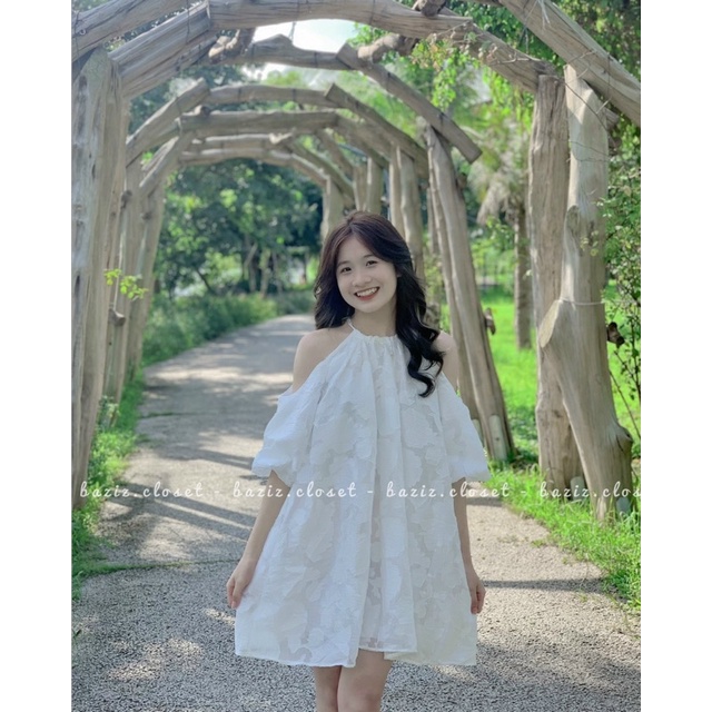 Đầm váy yếm khoét vai Trắng / Be dáng babydoll tiểu thư nữ xinh