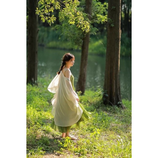 Set váy 2 dây xanh kèm áo khoác