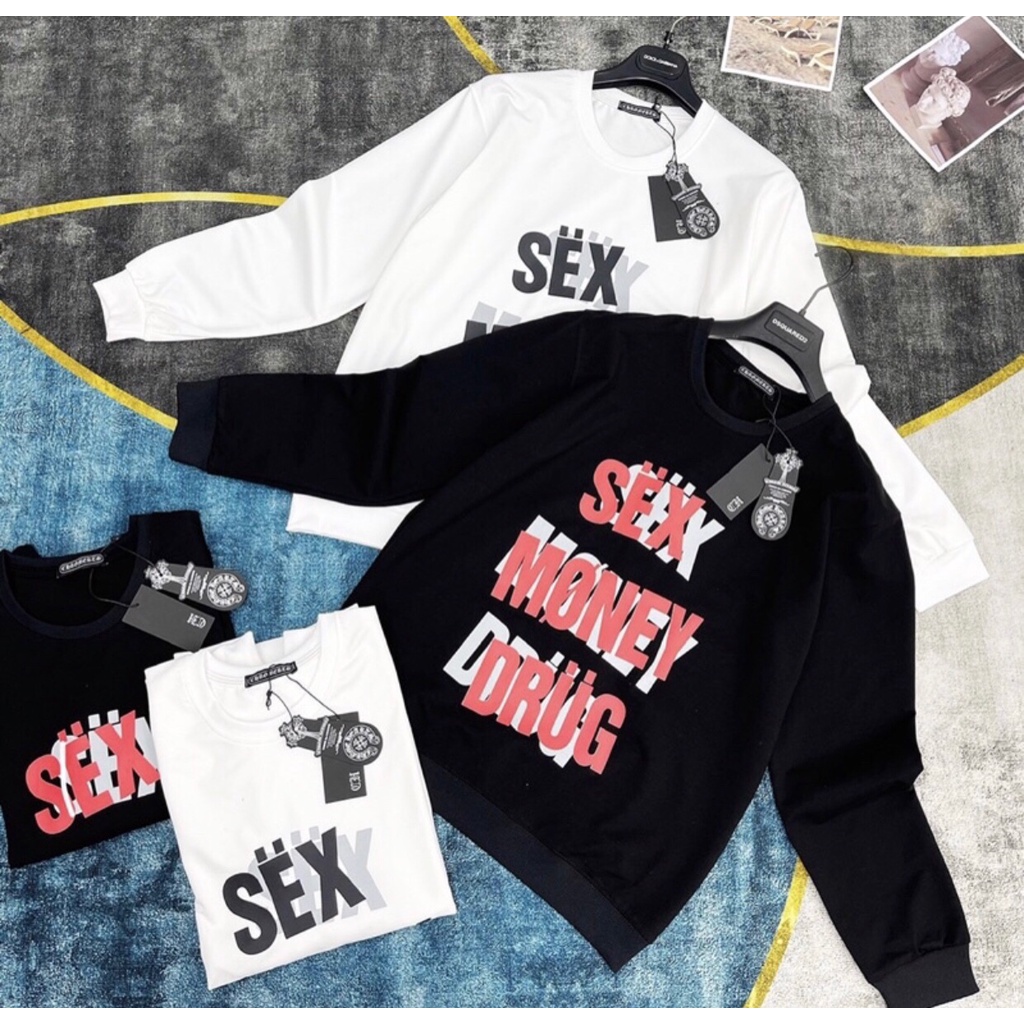 Áo Nỉ Nam Nữ Premium In Nổi Chữ Sex Money Drug - Áo Nỉ Fom Rộng Unisex Chất Liệu Nỉ Bông Dày Dặn Dễ Phối Đồ Ấm Áp