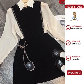 V56 - Đầm thiết kế RUBI STORE dáng xòe chất nhung phối tay sơ mi voan cao cấp