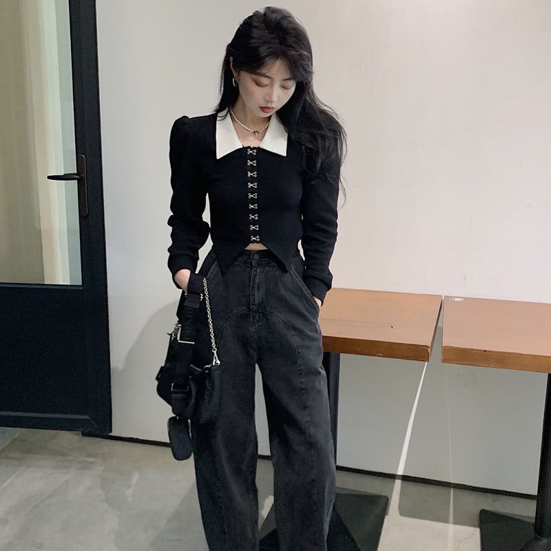 IELGY  Áo Kiểu Tay Phồng Dài Màu Đen Phong Cách retro Dành Cho Nữ