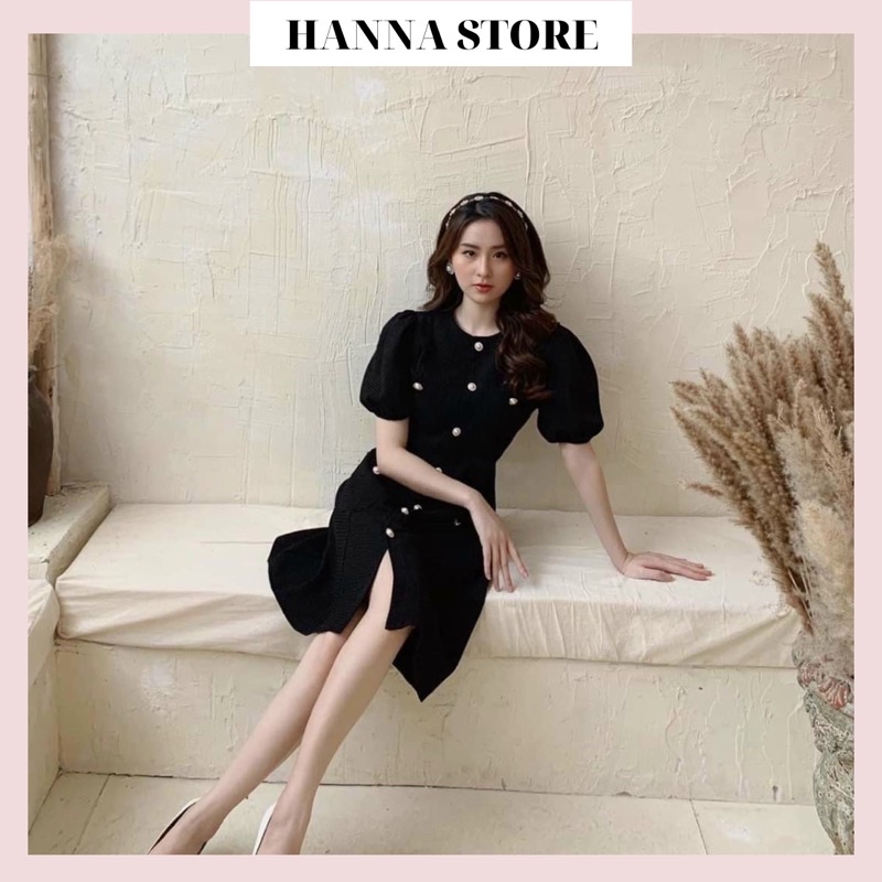Đầm đen đính nút công sở tay phom ôm xoè nhẹ rất tôn dáng phù hợp đi làm đi chơi (MAILE DRESS)