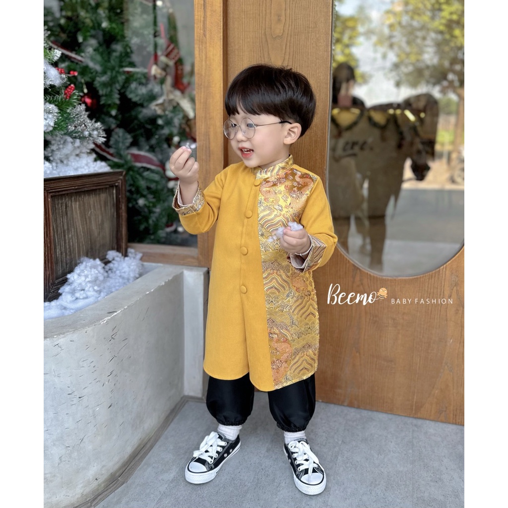 Sét áo dài cách tân cho bé trai Beemo,áo dài thân phối gấm rồng sang trọng cho bé trai,hàng thiết kế chuẩn loại 1