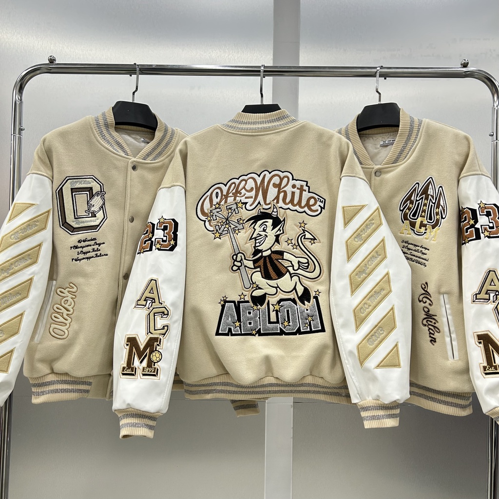 Áo khoác Bomber Varsity Jacket O.ff White AC Milan chất dạ 2 lớp phối tay da Pu cao cấp, Áo khoác bóng chày - Yoshop