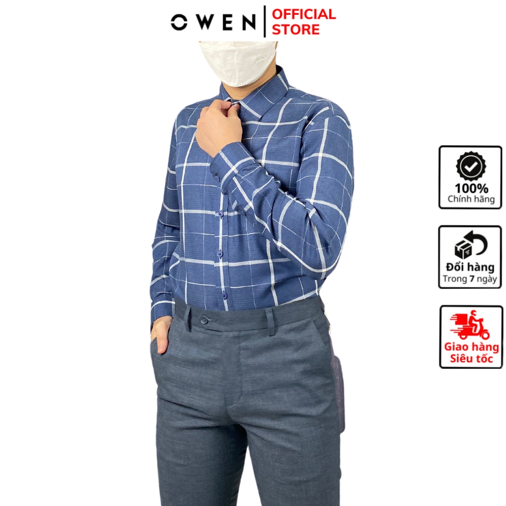 Áo sơ mi dài tay nam OWEN AR220908DT somi công sở vải sợi tre cao cấp màu kẻ caro xanh trắng dáng regular fit có túi