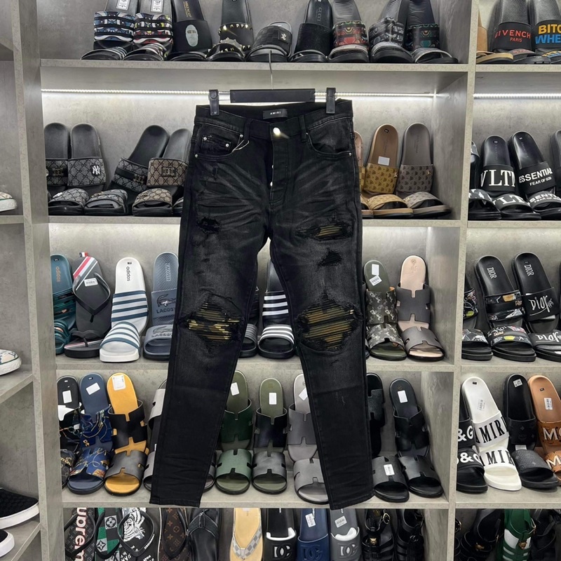 Quần bò Amiri rách gối vá xanh rằn ri bộ đội likeauth 6705, jeans bò 4 cúc sịn sò