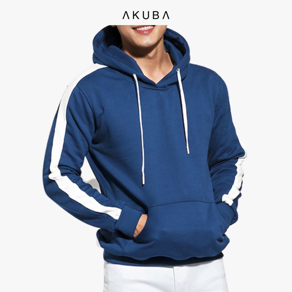 Áo khoác hoodie trơn chất nỉ Akuba họa tiết sọc tay, thể thao, năng động 01C517