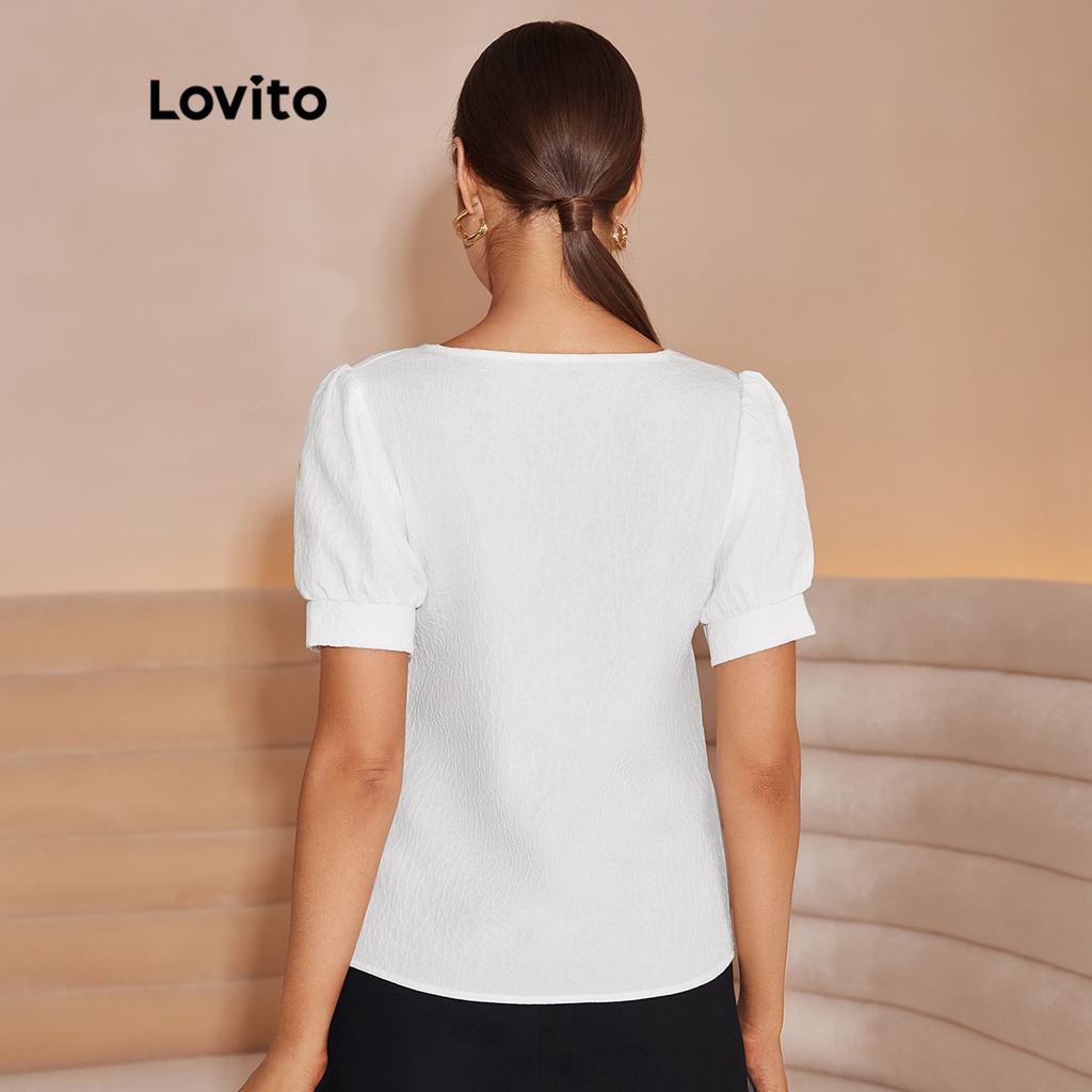 Lovito Áo sơ mi nữ tay phồng cổ vuông đơn giản L36LD009 (Trắng)