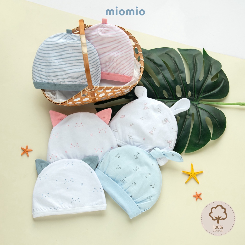 Nón Sơ Sinh MIOMIO, Họa Tiết: Thỏ, Sọc, Mèo, Mèo Mây, Xe Nôi Dễ Thương Cho Bé Trai Bé Gái, Vải Cotton