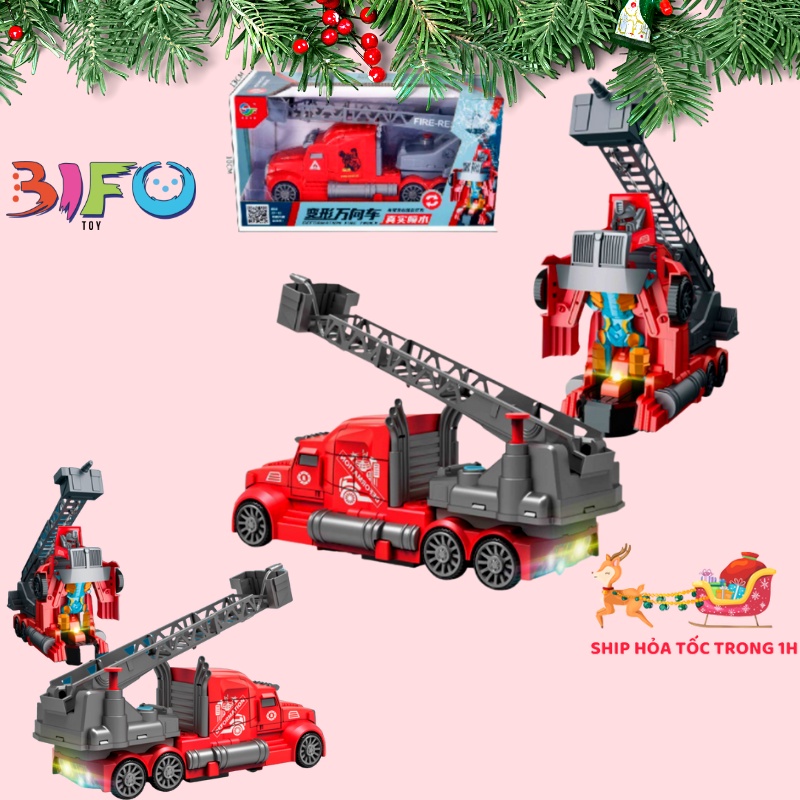Đồ chơi xe cứu hỏa phun nước tự động biến hình Robot có đèn nhạc mới lạ cho bé đồ chơi xe ô tô bé trai màu đỏ cực ngầu