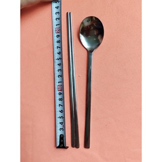  Bộ muỗng đũa inox thân dẹp đặc ruột inox 304 kiểu Hàn Quốc  muỗng  21,5 x4cm  1 đôi đũa  23 cm  