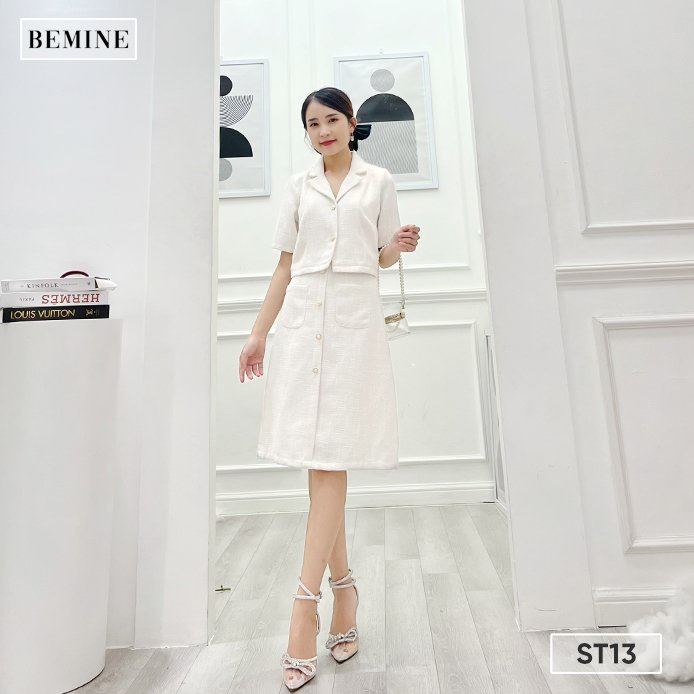 Set chân váy túi hộp áo đính nút BEMINE ST13