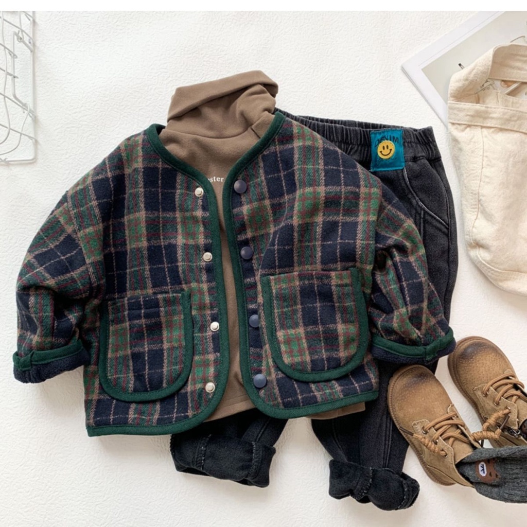 Áo Khoác Cardigan Lót Lông Cừu Giữ Ấm Họa Tiết Kẻ Sọc Thời Trang Thu Đông Phong Cách Hàn Quốc Cho Bé Trai / Gái