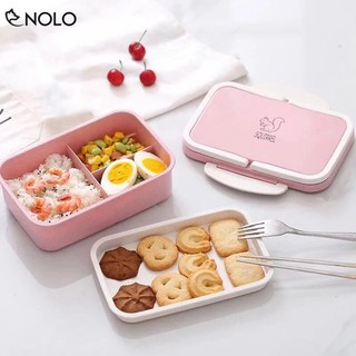 Bộ Hộp Cơm Bento Chữ Nhật 2 Tầng 3 Ngăn Có Tay Cầm Chất Liệu Nhựa Lúa Mạch PP Dung Tích 1000ml