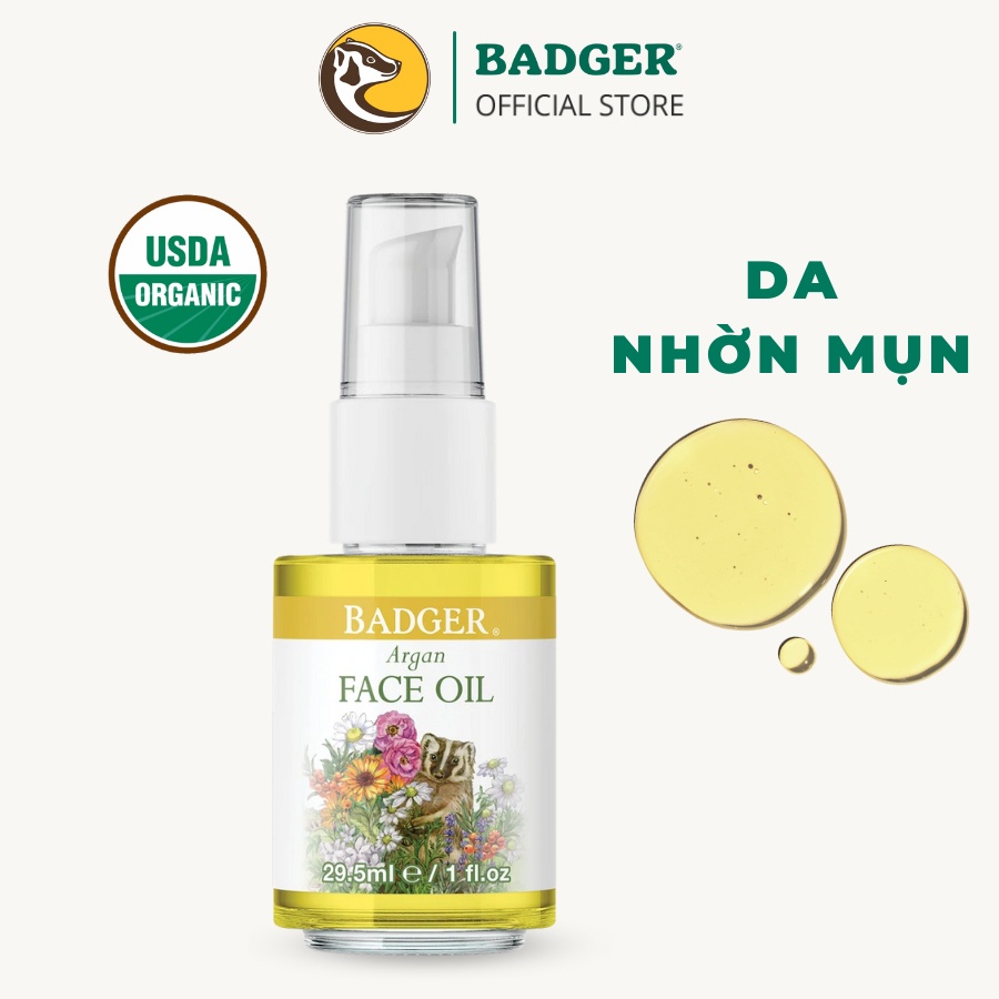 Dầu dưỡng da hữu cơ BADGER Argan organic face oil serum - nhẹ thấm nhanh cho da nhờn mụn và hỗn hợp - 29.5ML