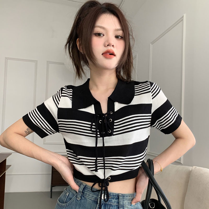 Áo XINLANYASHE ngắn tay họa tiết kẻ sọc màu sắc tương phản thời trang mùa hè cho nữ