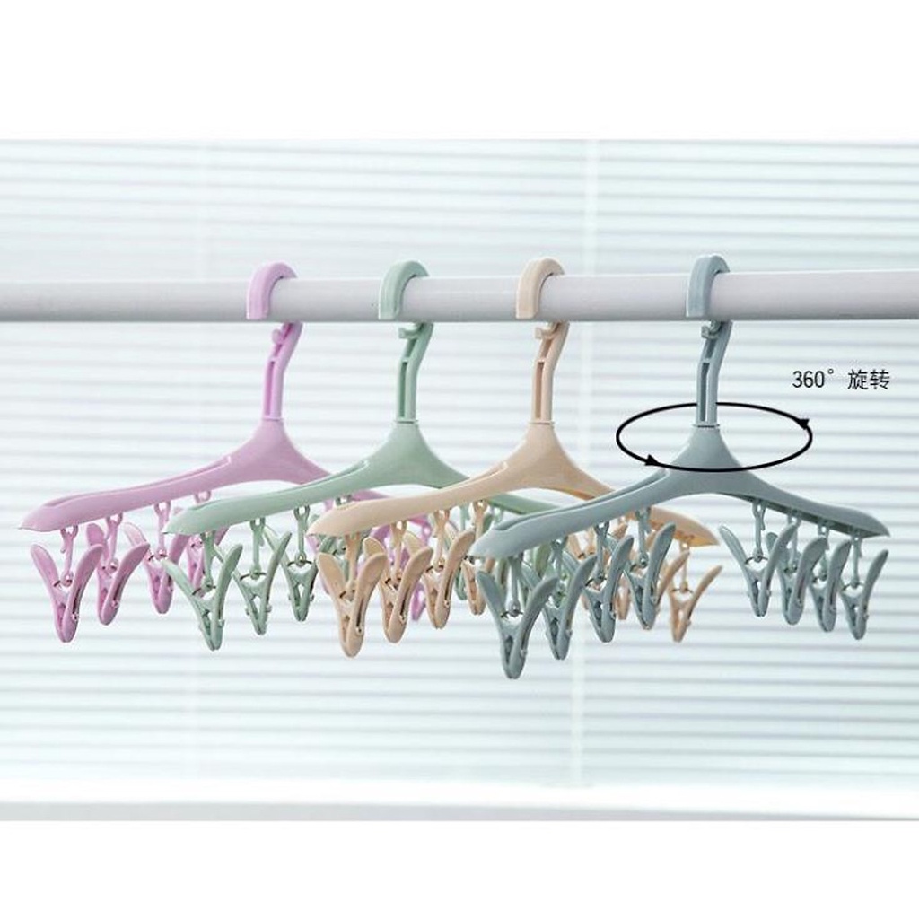Móc phơi quấn áo 8 kẹp nhựa chắc chắn, đâu móc có khóa gài chống bay quần áo, thiết kế tinh tế tiết kiệm không gian