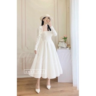 Set đầm midi trắng kèm khoác crop đính đá