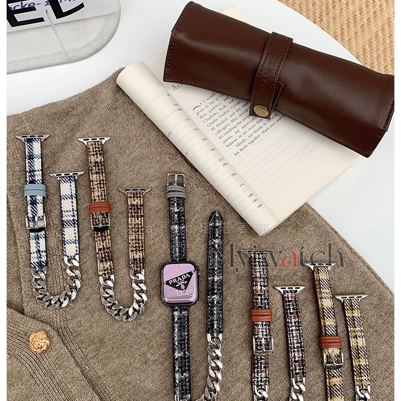 Dây Xích Đôi Bằng nylon Và Da Phối Inox Cho iwatch series 8 7 6 5 SE 4 3 2 iwatch 49mm 44mm 40mm 41mm 45mm 42mm 38mm